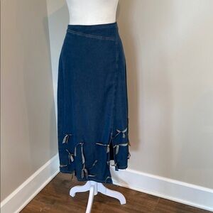 Blue Denim A-Line Skirt with Ribbon Accents, and Split Front